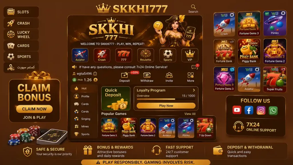 SKKHI777 Game homepage showing casino-style games, bonus rewards, quick deposit options, and multiple gaming categories in a gold-themed interface.