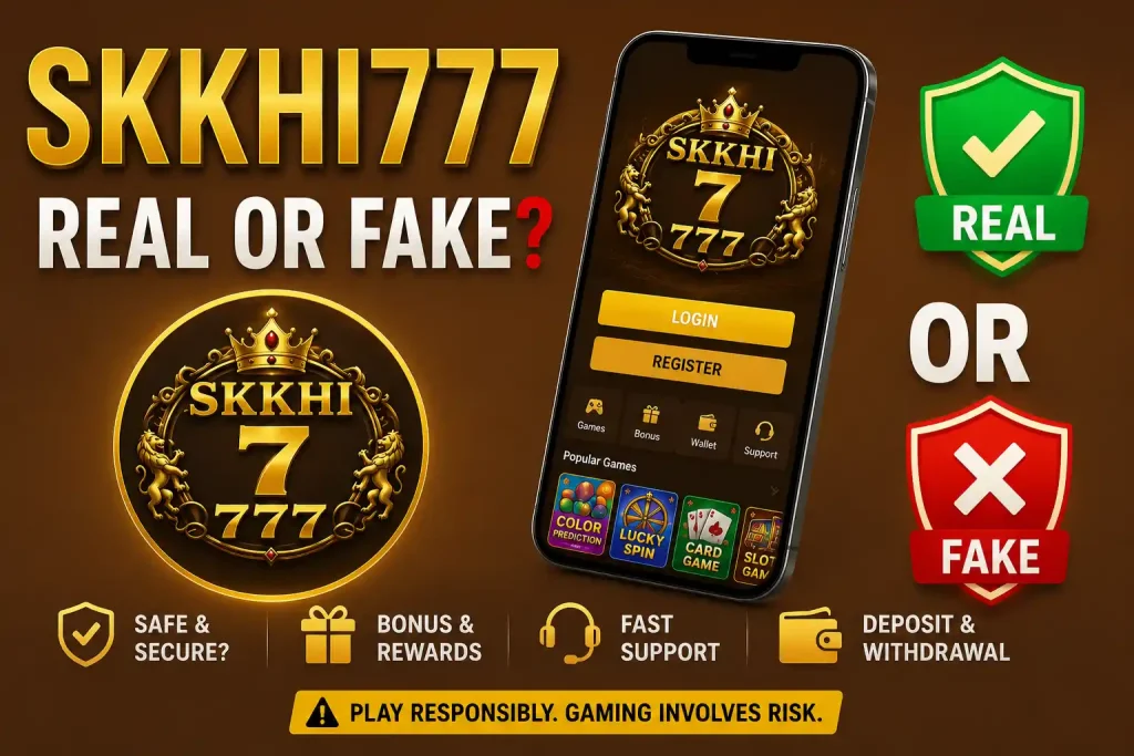 is SKKHI777 Game Real or Fake banner showing a mobile app screen, security icons, bonus features, and real vs fake comparison graphics.